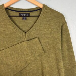 Jos A Bank Men's Large Green Tailored Fit Merino Wool V-Neck Long Sleeve Sweater